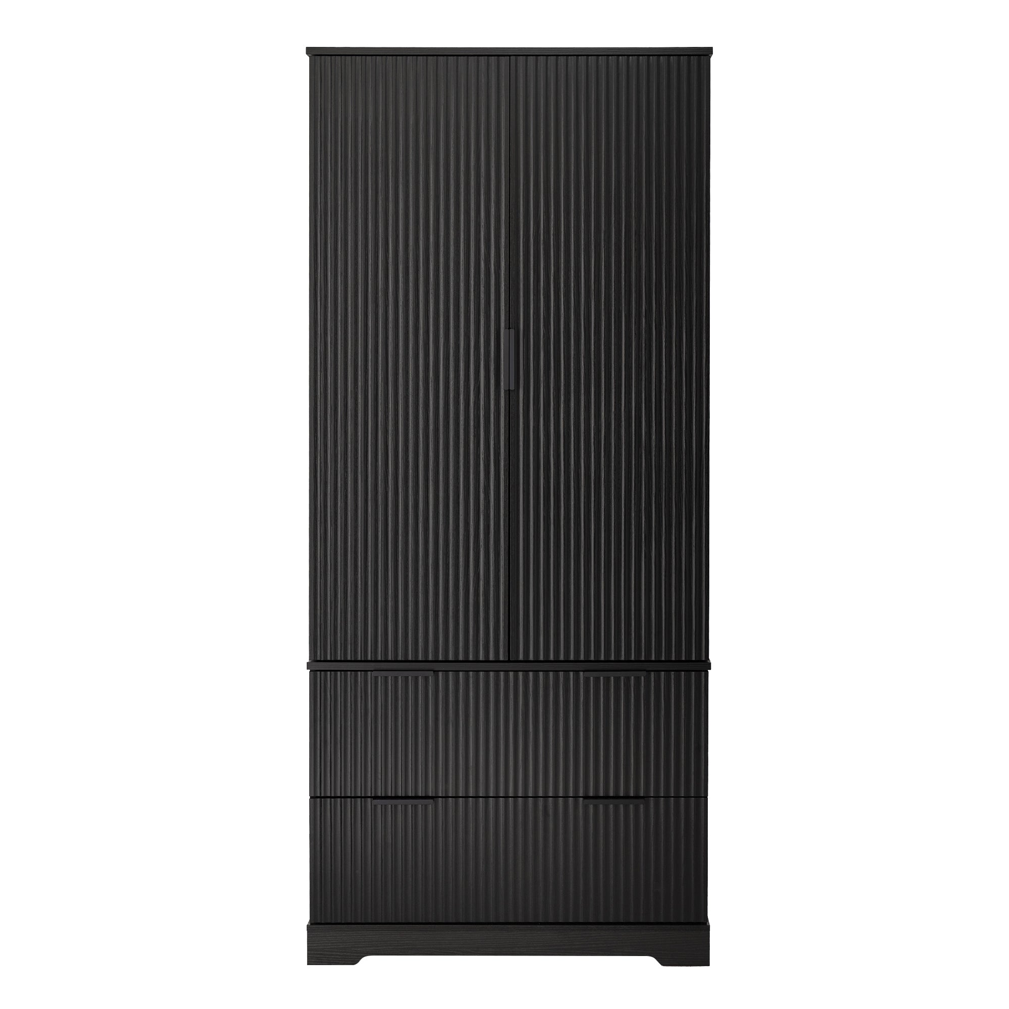 72' Modern Fluted Kitchen Pantry Cabinet with 2 Large Drawers & 8-Door Spice Rack, Freestanding Storage Organizer for Bathroom, Dining Room, Office, Entryway, Black