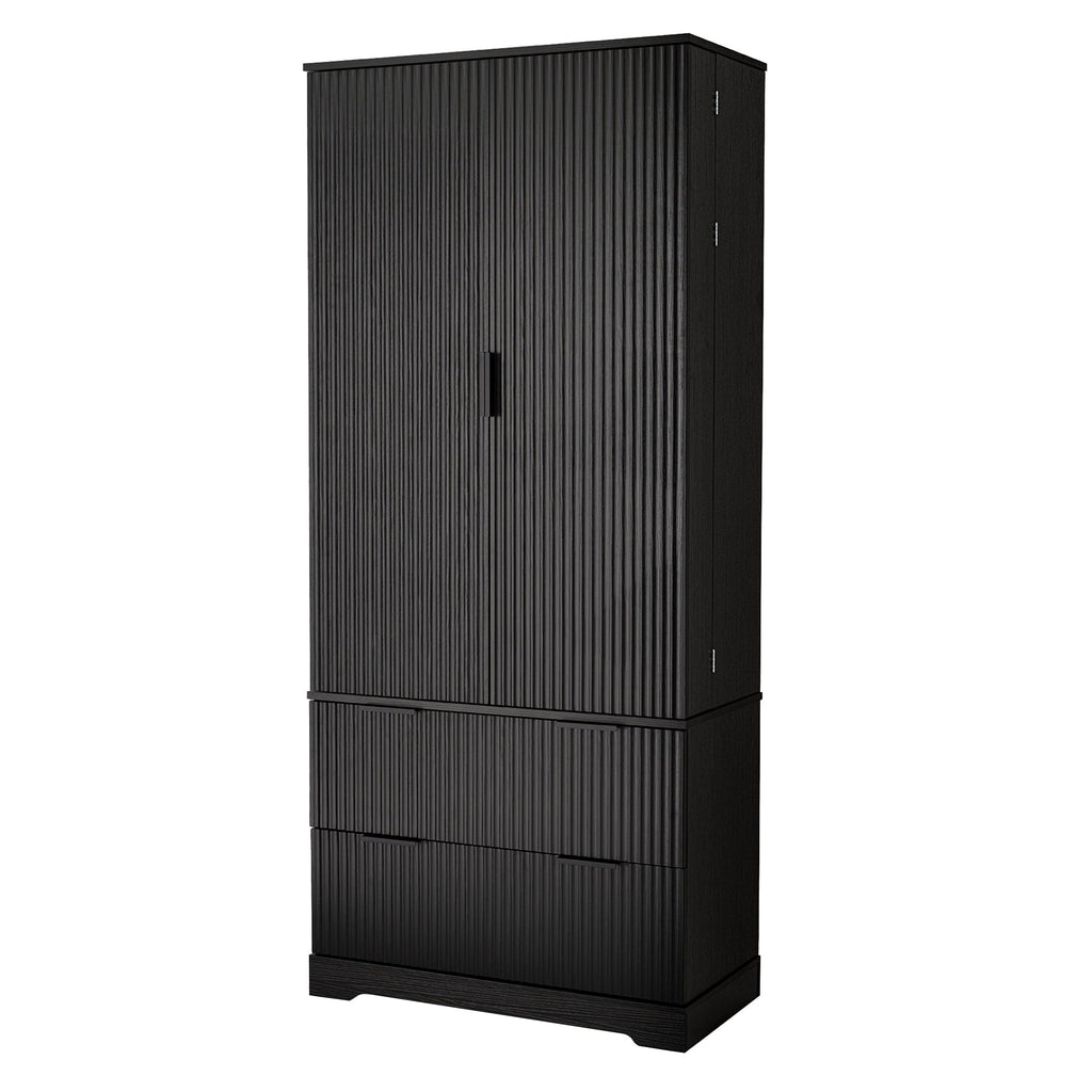 72' Modern Fluted Kitchen Pantry Cabinet with 2 Large Drawers & 8-Door Spice Rack, Freestanding Storage Organizer for Bathroom, Dining Room, Office, Entryway, Black