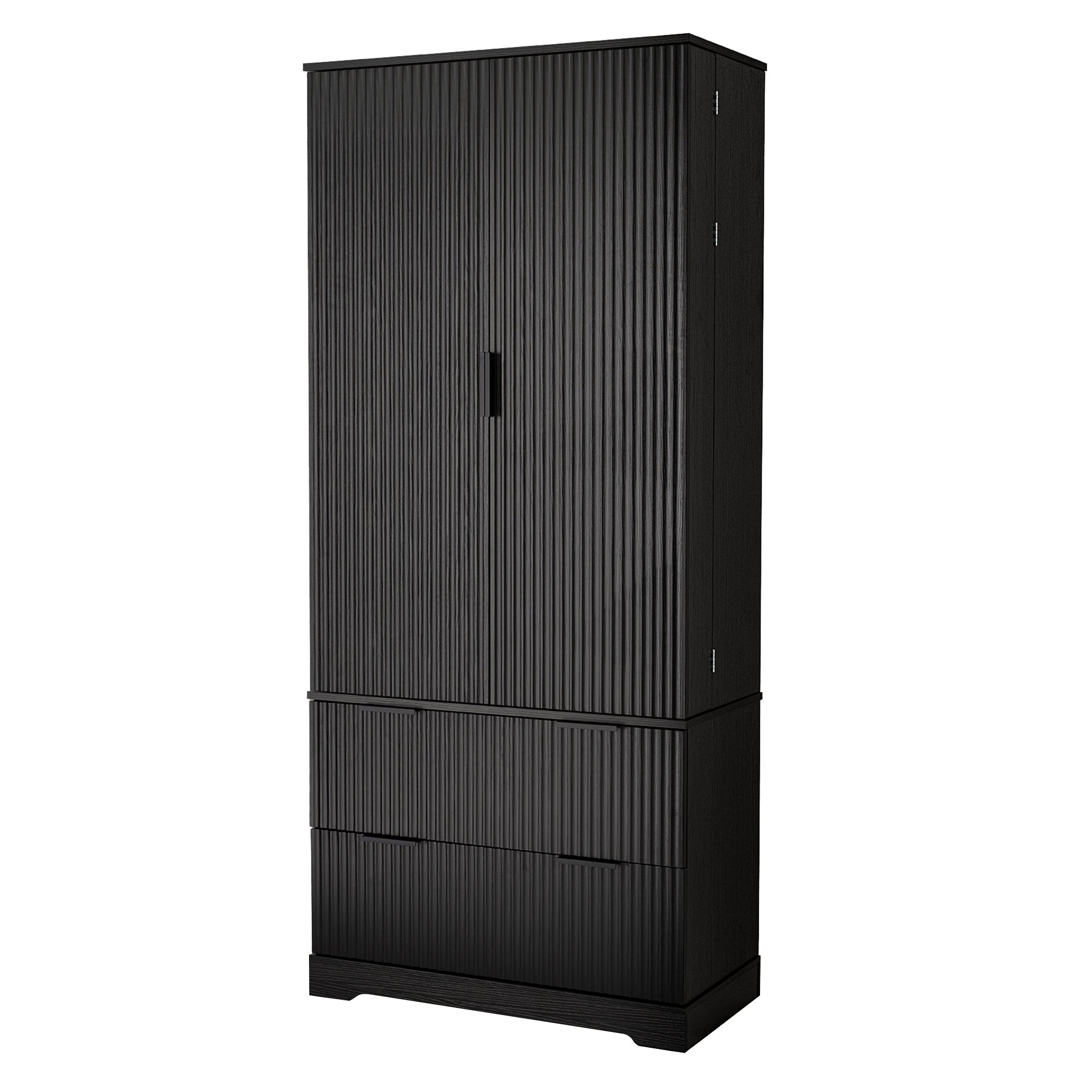 72' Modern Fluted Kitchen Pantry Cabinet with 2 Large Drawers & 8-Door Spice Rack, Freestanding Storage Organizer for Bathroom, Dining Room, Office, Entryway, Black