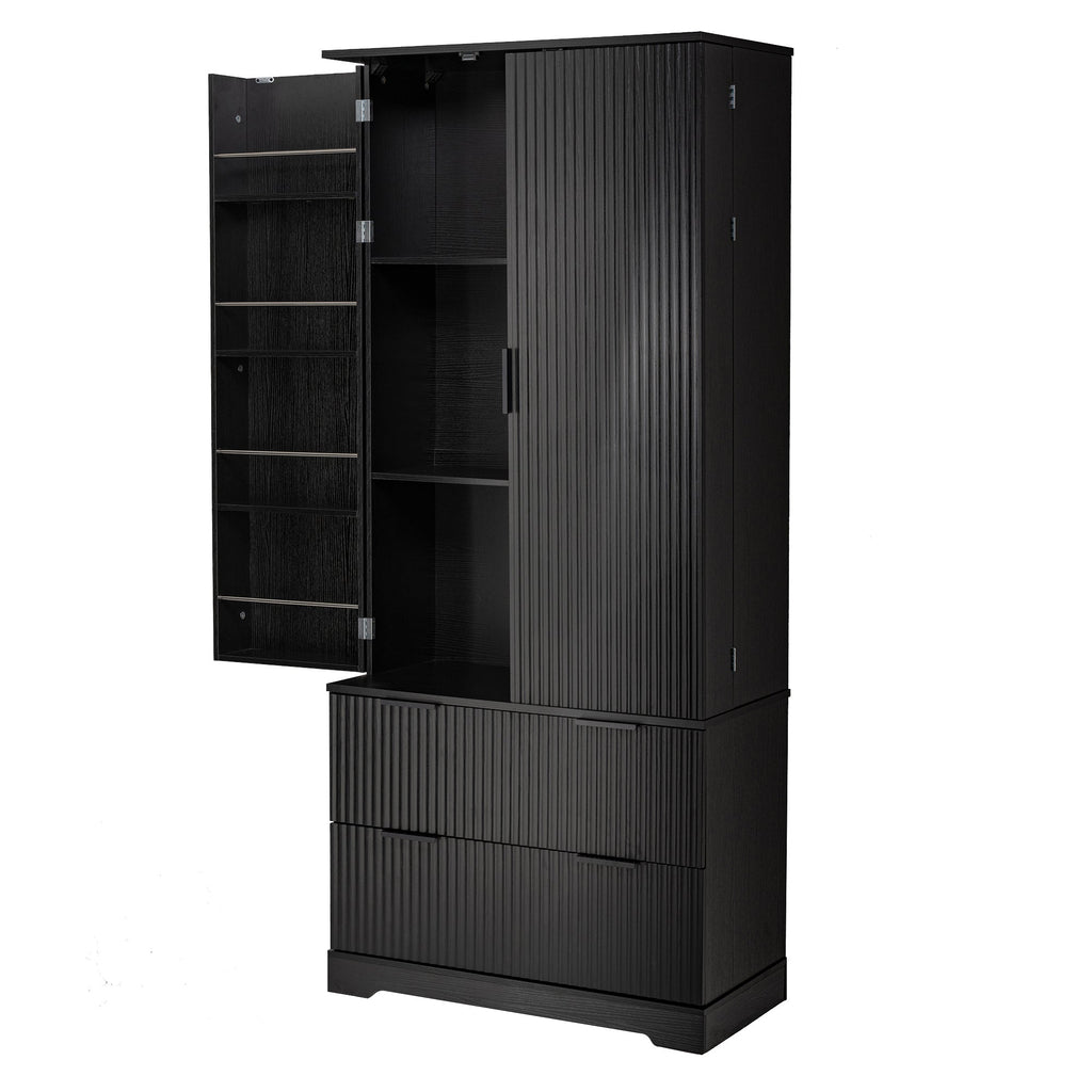 72' Modern Fluted Kitchen Pantry Cabinet with 2 Large Drawers & 8-Door Spice Rack, Freestanding Storage Organizer for Bathroom, Dining Room, Office, Entryway, Black
