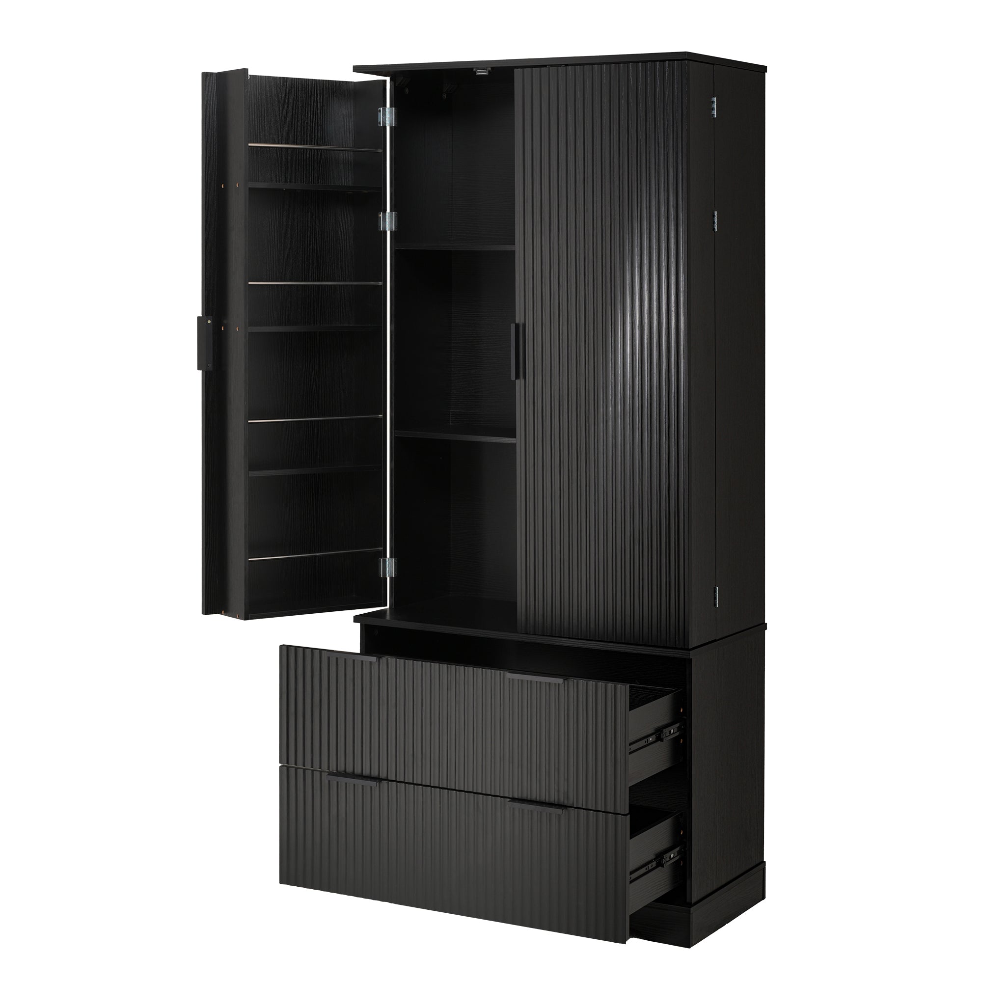 72' Modern Fluted Kitchen Pantry Cabinet with 2 Large Drawers & 8-Door Spice Rack, Freestanding Storage Organizer for Bathroom, Dining Room, Office, Entryway, Black