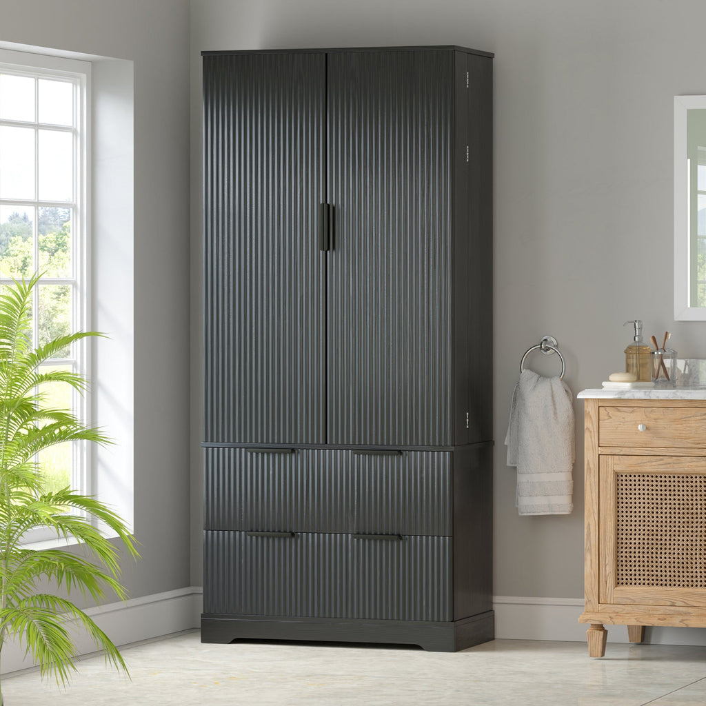 72' Modern Fluted Kitchen Pantry Cabinet with 2 Large Drawers & 8-Door Spice Rack, Freestanding Storage Organizer for Bathroom, Dining Room, Office, Entryway, Black