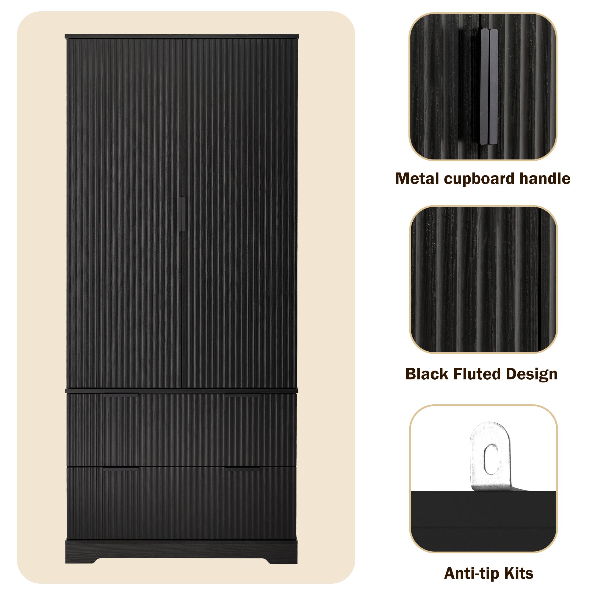 72' Modern Fluted Kitchen Pantry Cabinet with 2 Large Drawers & 8-Door Spice Rack, Freestanding Storage Organizer for Bathroom, Dining Room, Office, Entryway, Black