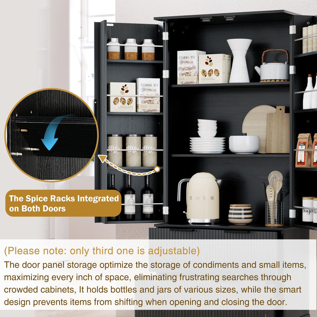 72' Modern Fluted Kitchen Pantry Cabinet with 2 Large Drawers & 8-Door Spice Rack, Freestanding Storage Organizer for Bathroom, Dining Room, Office, Entryway, Black