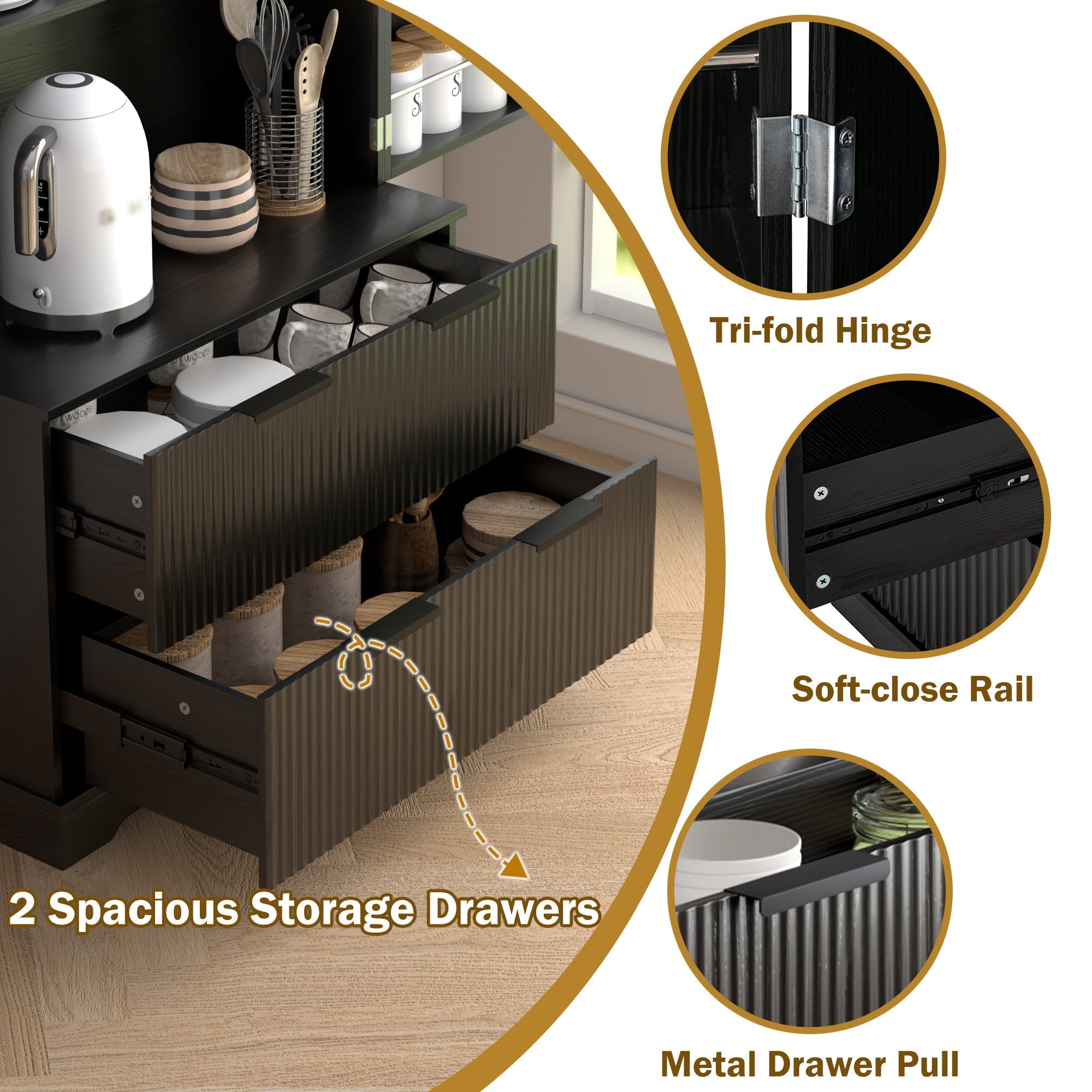 72' Modern Fluted Kitchen Pantry Cabinet with 2 Large Drawers & 8-Door Spice Rack, Freestanding Storage Organizer for Bathroom, Dining Room, Office, Entryway, Black