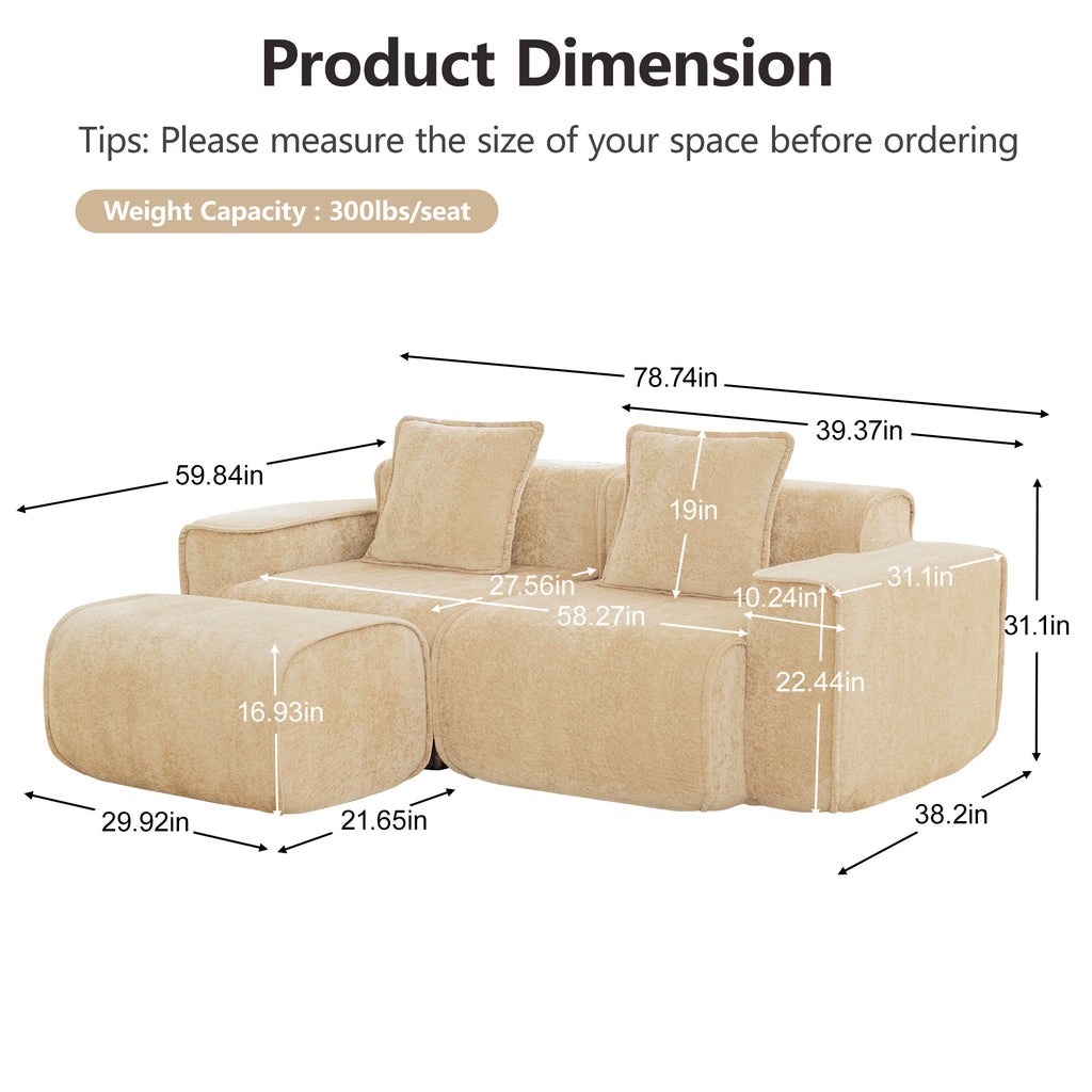 Product dimensions chart for Velvet L Shape Modular Sofa with Ottoman, detailing seat height, width, and overall measurements.