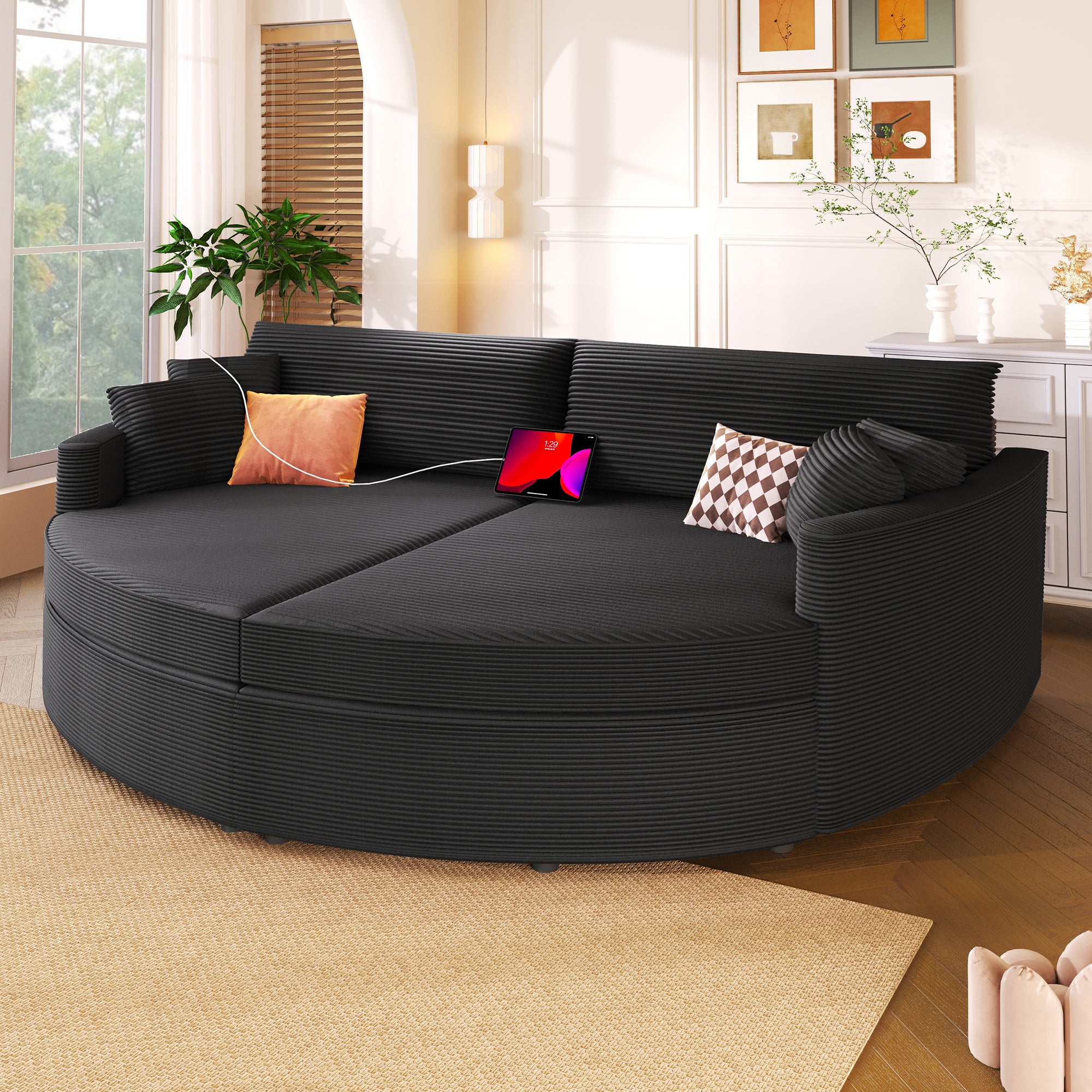 Oversized Double Chaise Lounge Sofa with USB Ports in Black Corduroy Fabric, 102.3' L x 60.6' W x 35' H, Deep Seat for Living Room