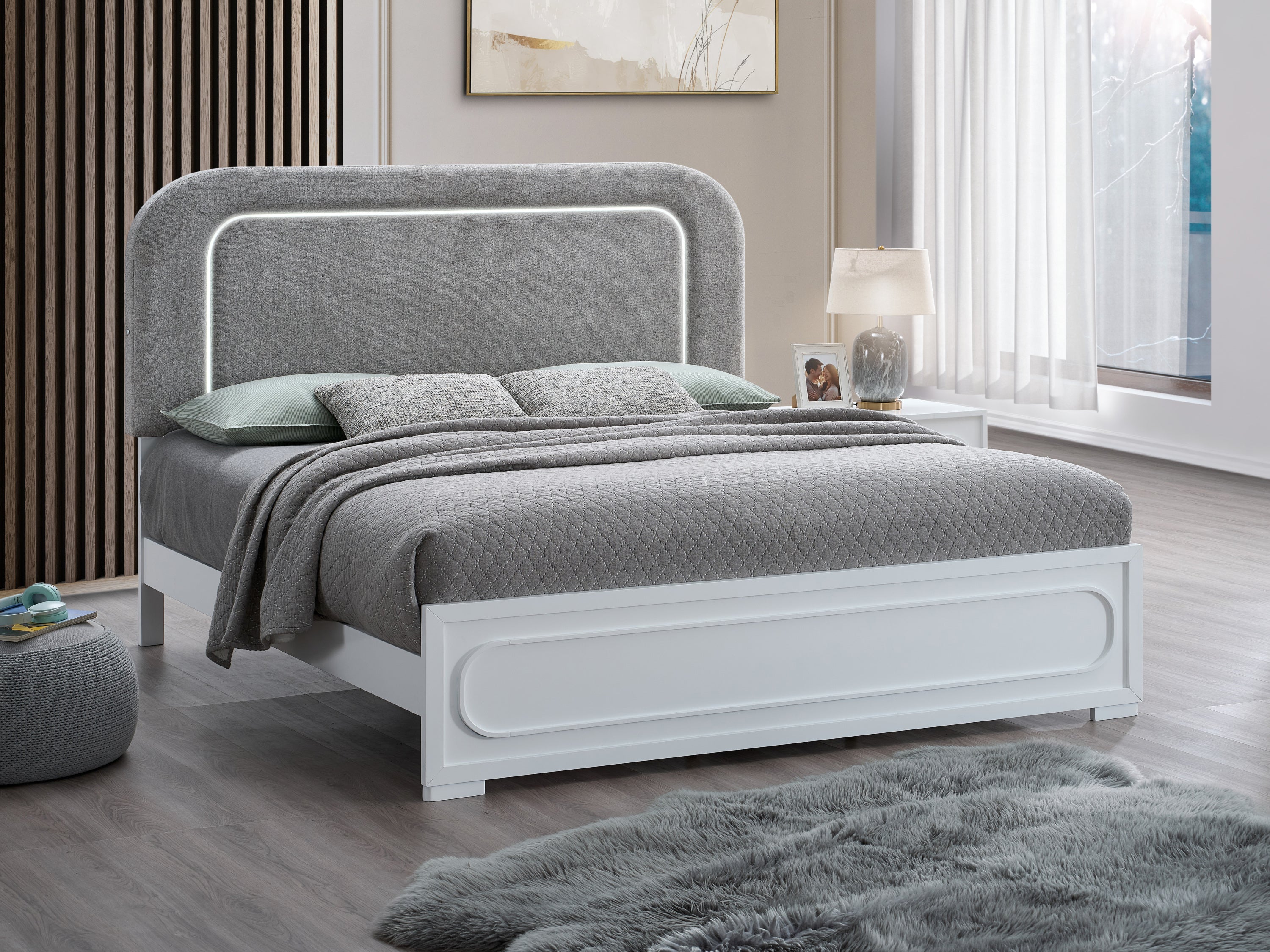 Milan White Wood King Bed with Fabric Headboard and LED Lighting