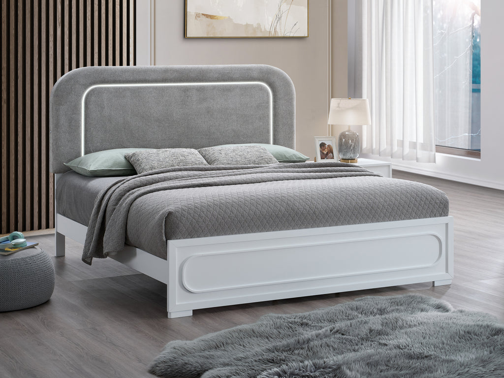 Milan White Wood Full Bed with Fabric Headboard and LED Accents