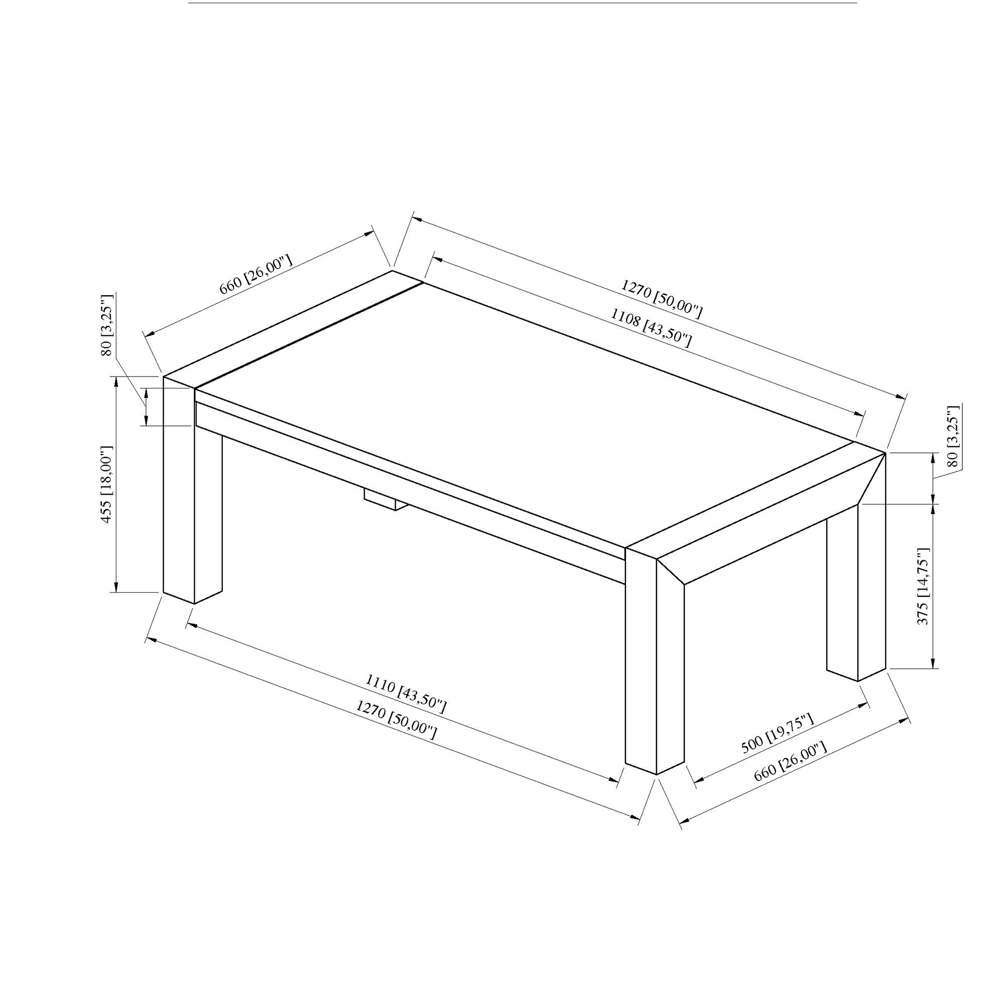 Technical drawing of Ana Beige Marble Coffee Table with detailed dimensions, showing rectangular structure and marble top for accurate space planning.
