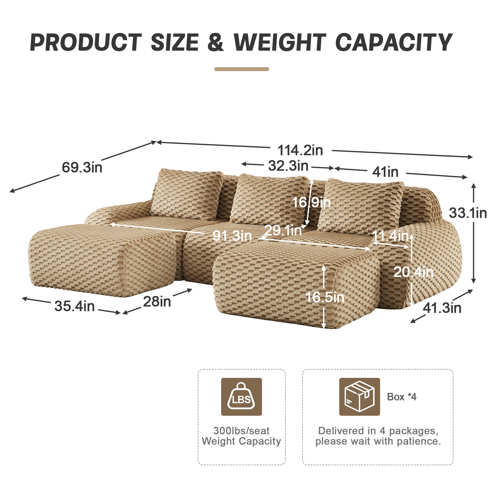 Detailed size chart of modern modular U-shaped sofa with flannelette fabric, showing dimensions and weight capacity per seat.