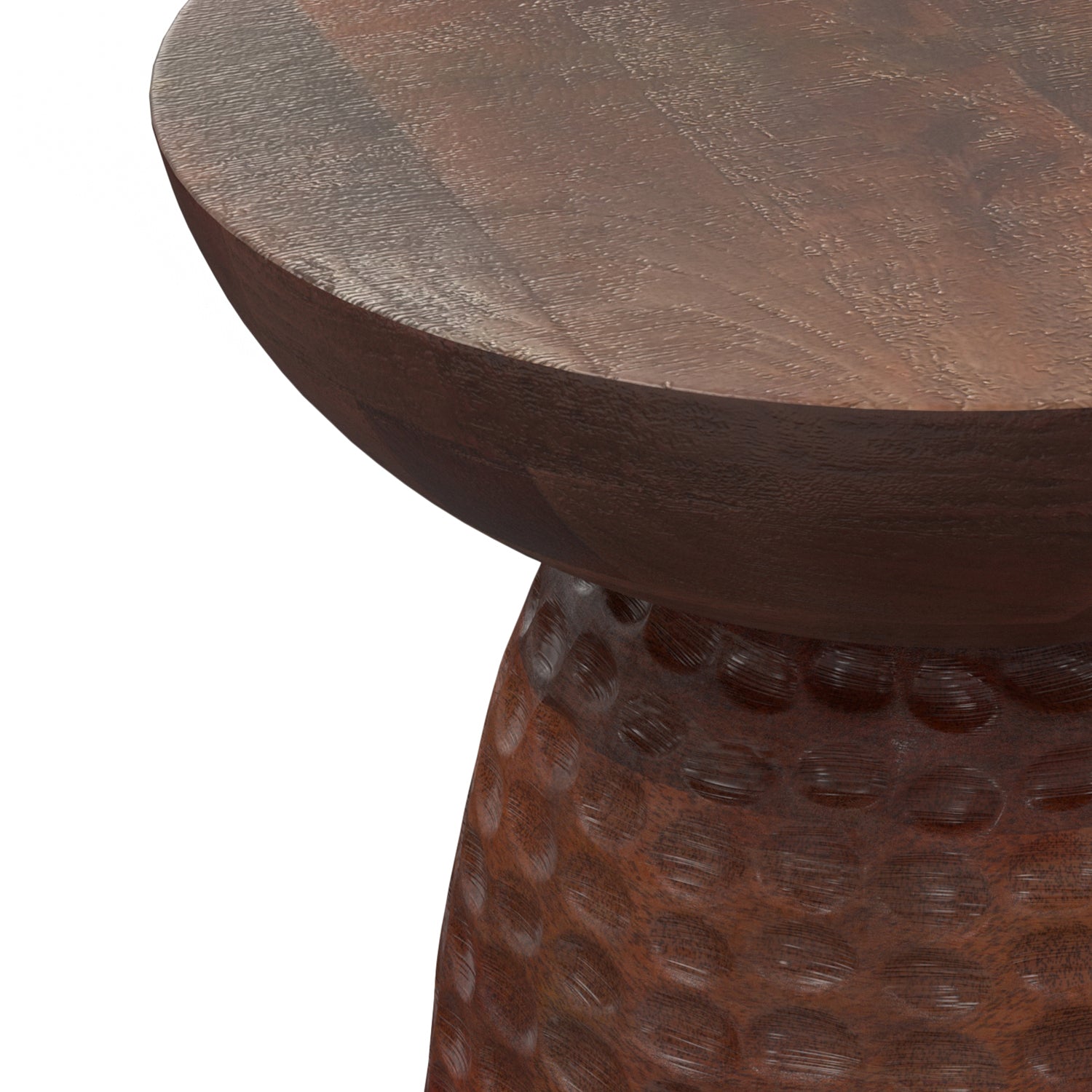 Detail of Boyd 16 inch Table - Mango Wood Accent showing seamless join between top and textured base.