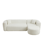 Isolated front angle of beige chenille modular sectional sofa with right-facing chaise, displayed on a black background.