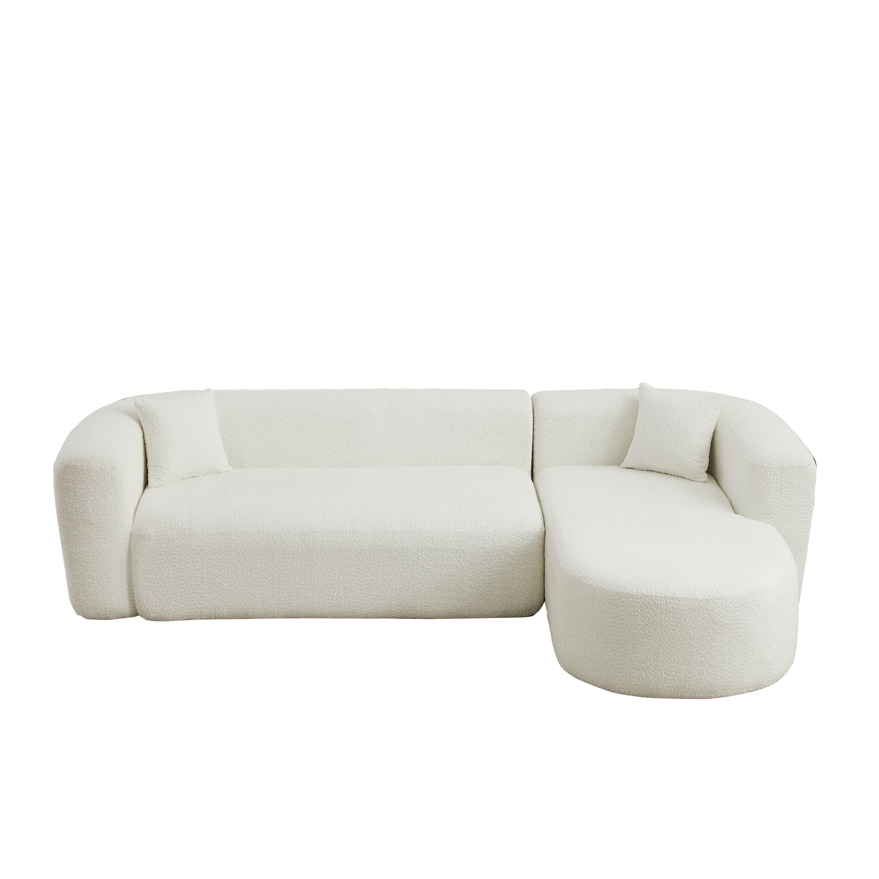 Isolated front angle of beige chenille modular sectional sofa with right-facing chaise, displayed on a black background.