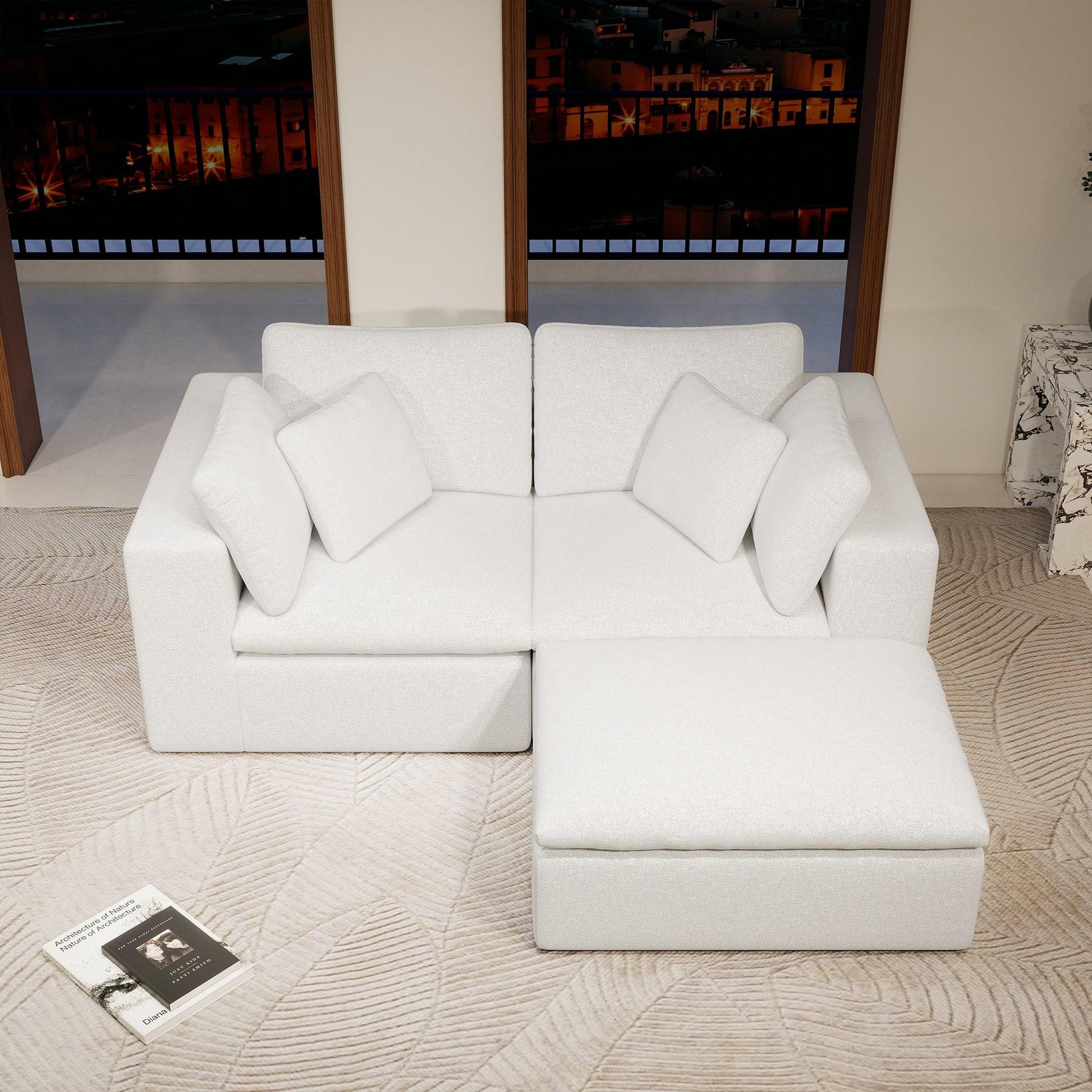 Modular Sectional Sofa - Plush Corduroy Fabric White.