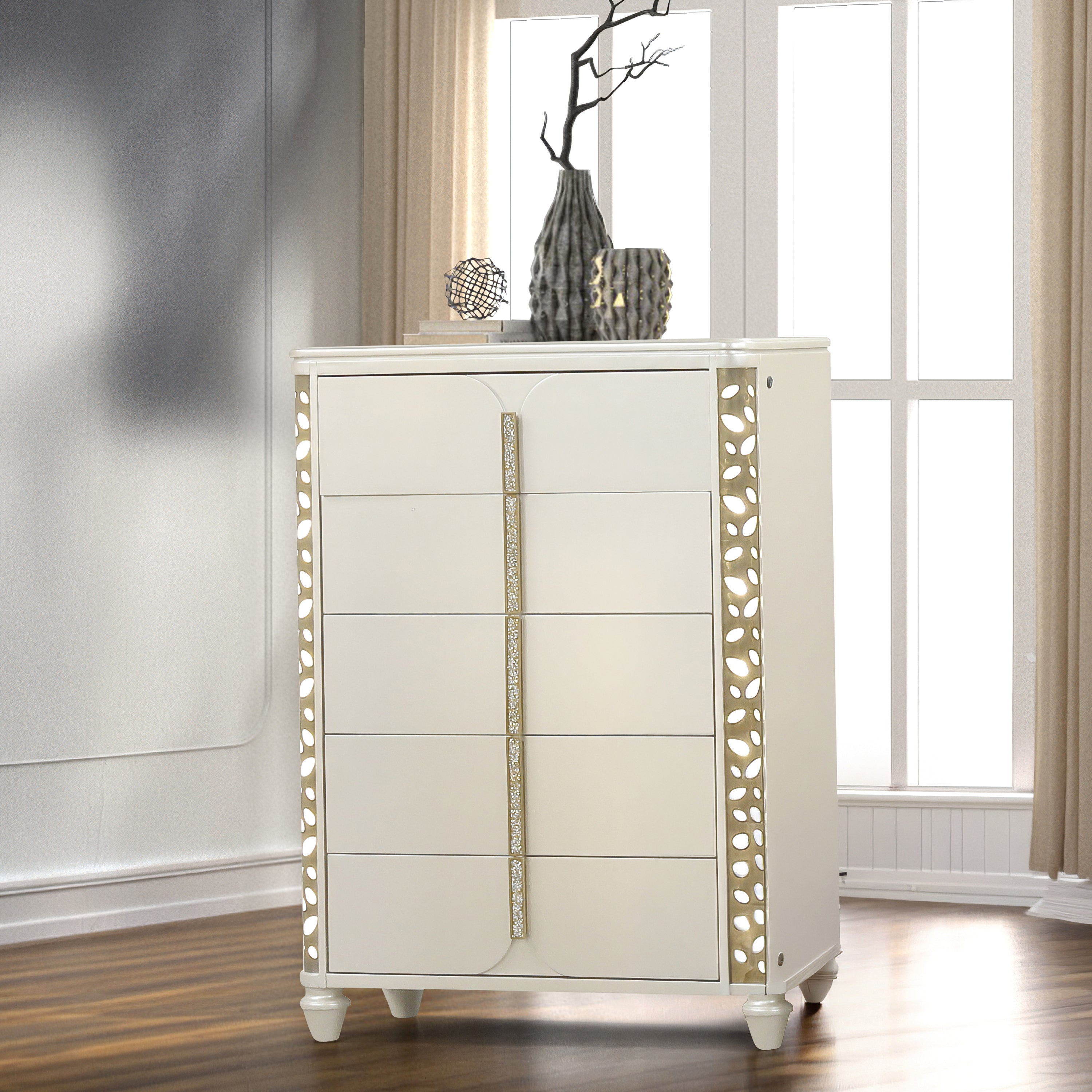 Cinderella 5-Drawer Wooden Bedroom Chest with Gold LED Accents