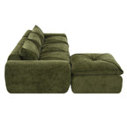 Side view of 116'' compressed sofa in green with high density foam and no assembly, showcasing plush cushions and modern design.