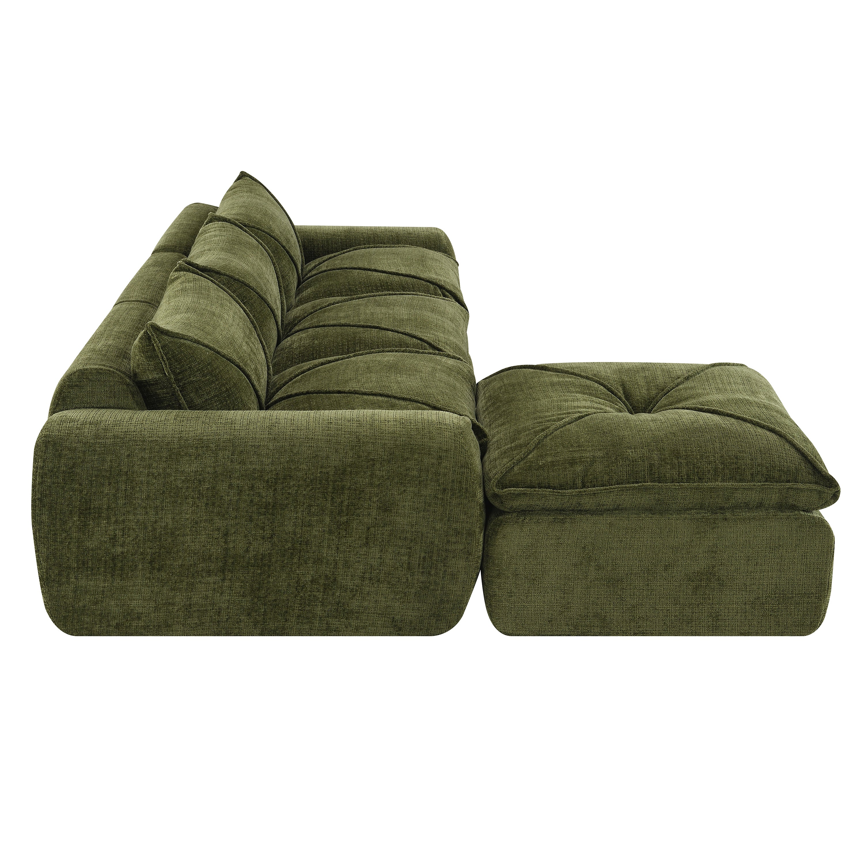 Side view of 116'' compressed sofa in green with high density foam and no assembly, showcasing plush cushions and modern design.