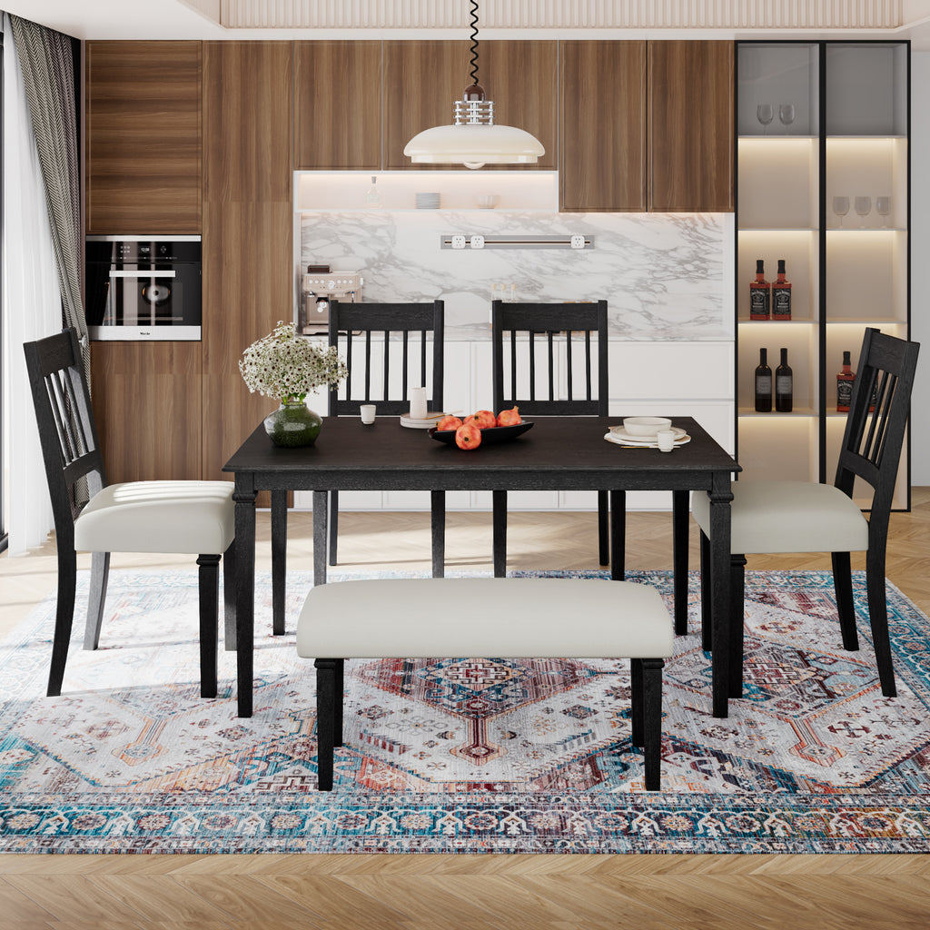 Retro dining furniture set for 6 featuring a dark wood table, cushioned chairs, and bench, perfect for compact dining rooms and easy assembly.