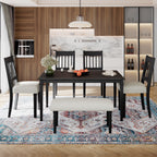 Retro dining furniture set for 6 featuring a dark wood table, cushioned chairs, and bench, perfect for compact dining rooms and easy assembly.