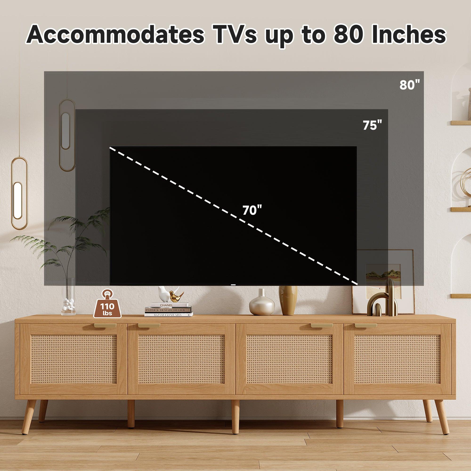 Modern TV Stand with Rattan Doors for 80in TVs.