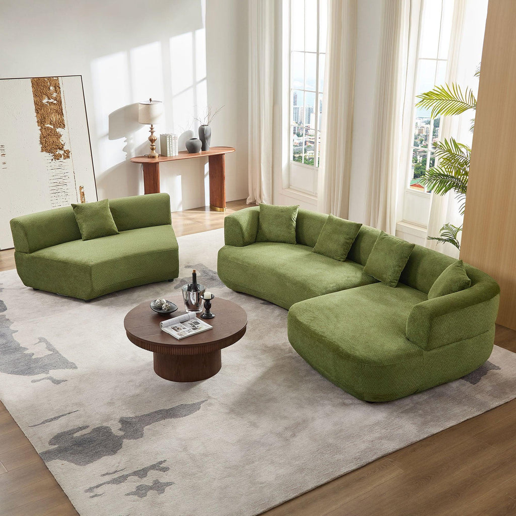 155.91 inch Curved Green Sectional Sofa with 5 Pillows.
