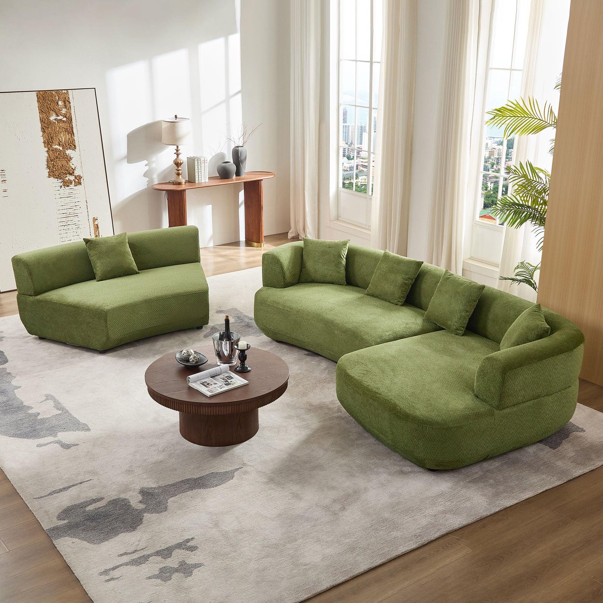 155.91 inch Curved Green Sectional Sofa with 5 Pillows.