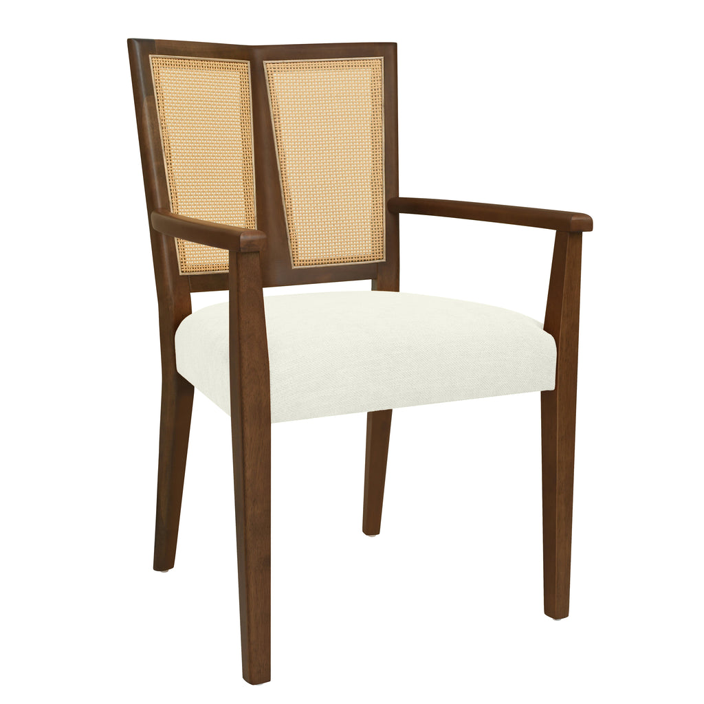 Angled view of Mid-Century Rattan Dining Chair showing sturdy wooden legs, armrests, and rattan backrest for stylish dining comfort.