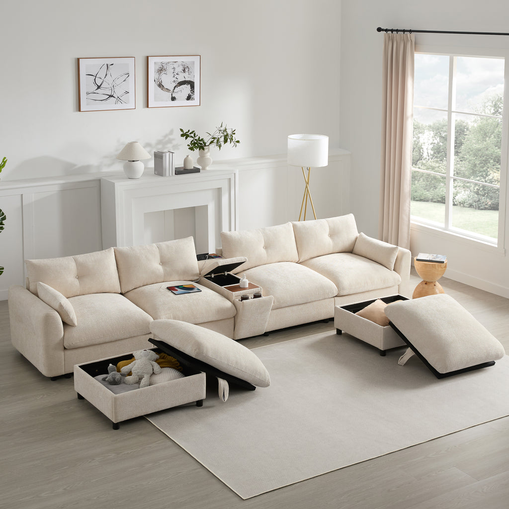 Modular sectional sofa with open storage ottomans and flip-top console, perfect for organized and stylish living room seating.