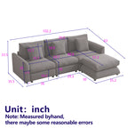 Dimension diagram of L-shaped modular sofa with ottoman, showing detailed measurements in inches for cushions, arms, and seating depth.
