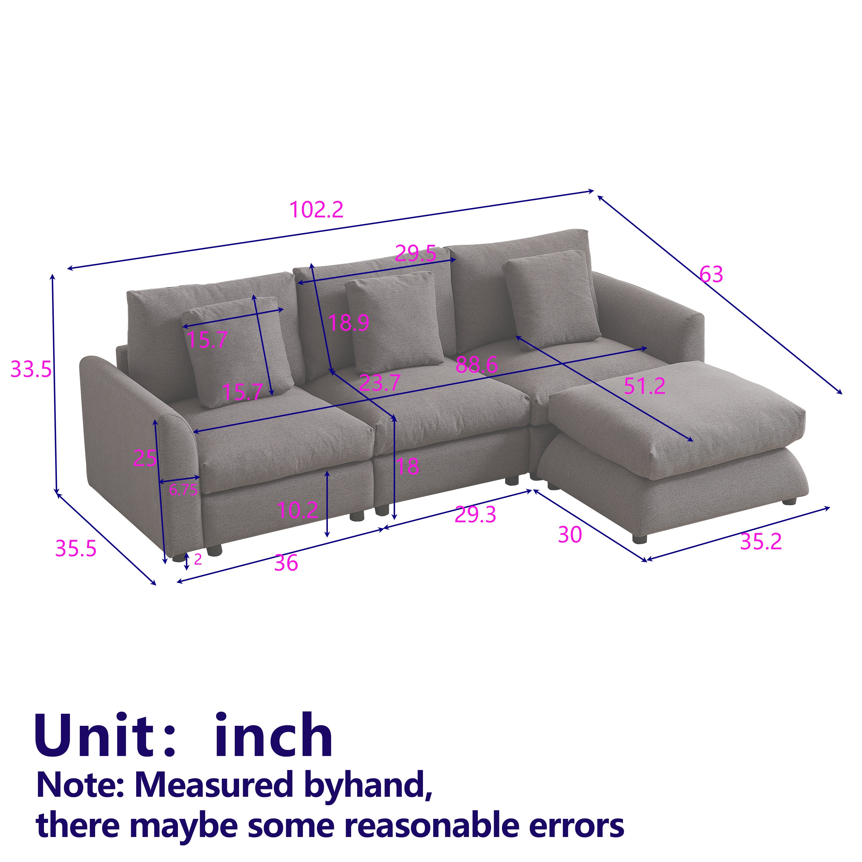 Dimension diagram of L-shaped modular sofa with ottoman, showing detailed measurements in inches for cushions, arms, and seating depth.