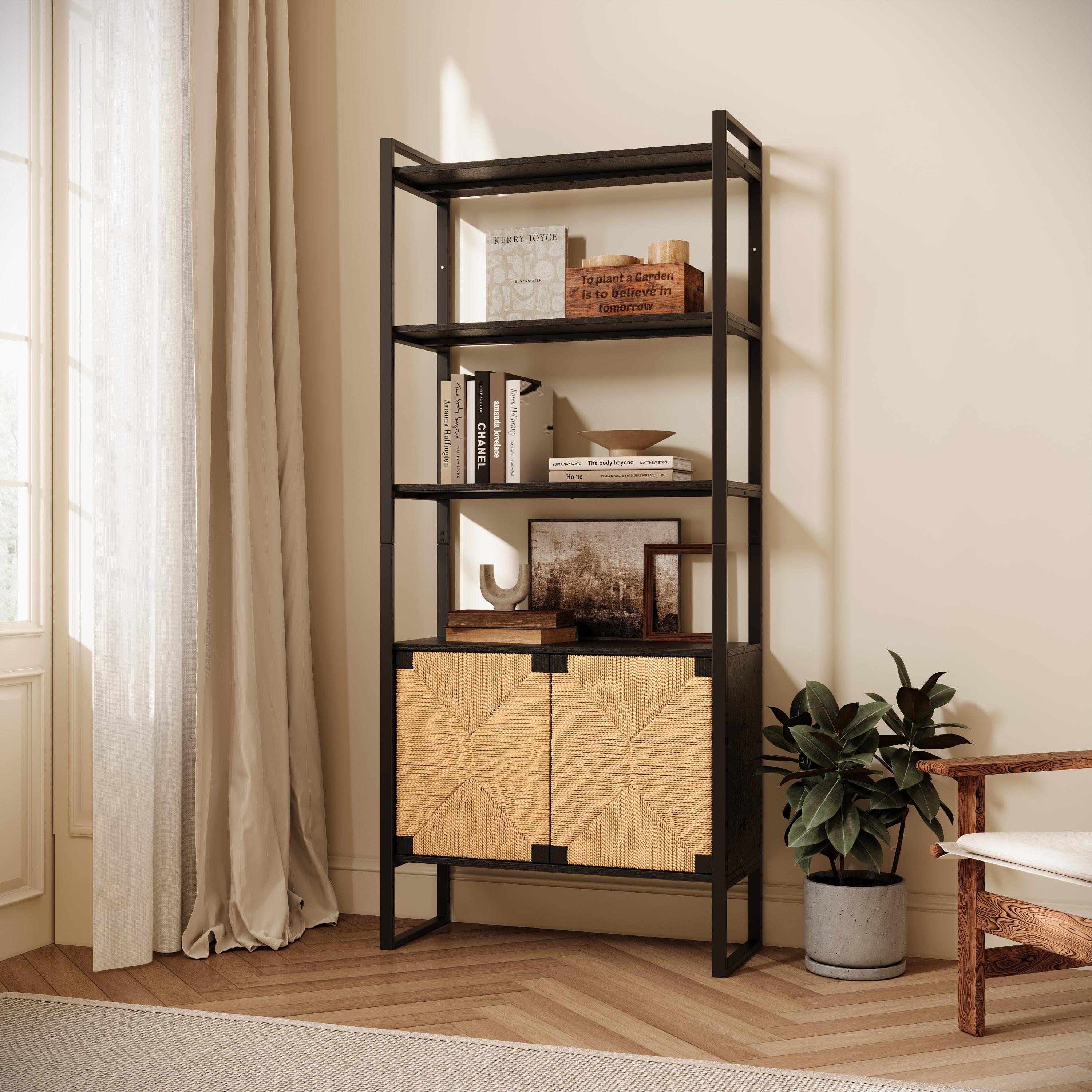 Rattan Cabinet Storage Bookshelf - Dual-Function Display Shelf.
