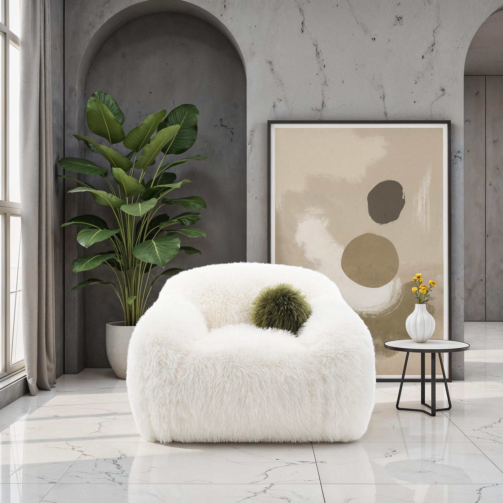 Contemporary White Swivel Chair with ball pillow in a modern living room. Faux fur texture and 360-degree swivel enhance comfort and style.