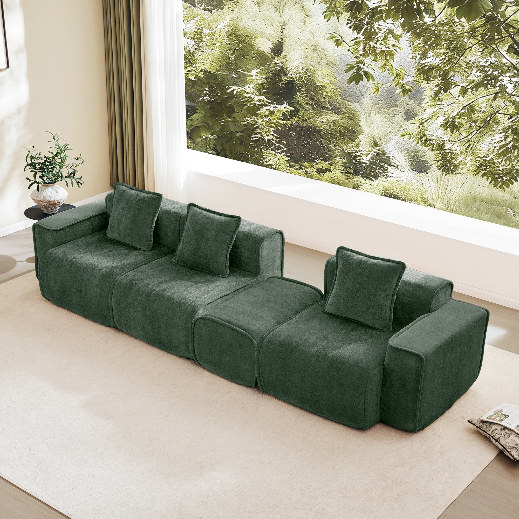 Modular Velvet Sofa - 3 Seat L Shape in green with ottoman placed in the center, highlighting its versatile layout options.