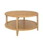 Round Wooden Coffee Table with Bottom Shelf in Maple Brown featuring solid rubberwood construction and minimalist modern farmhouse design.