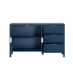 Open view of navy sideboard showing interior shelving and drawer layout for organized storage in any room.