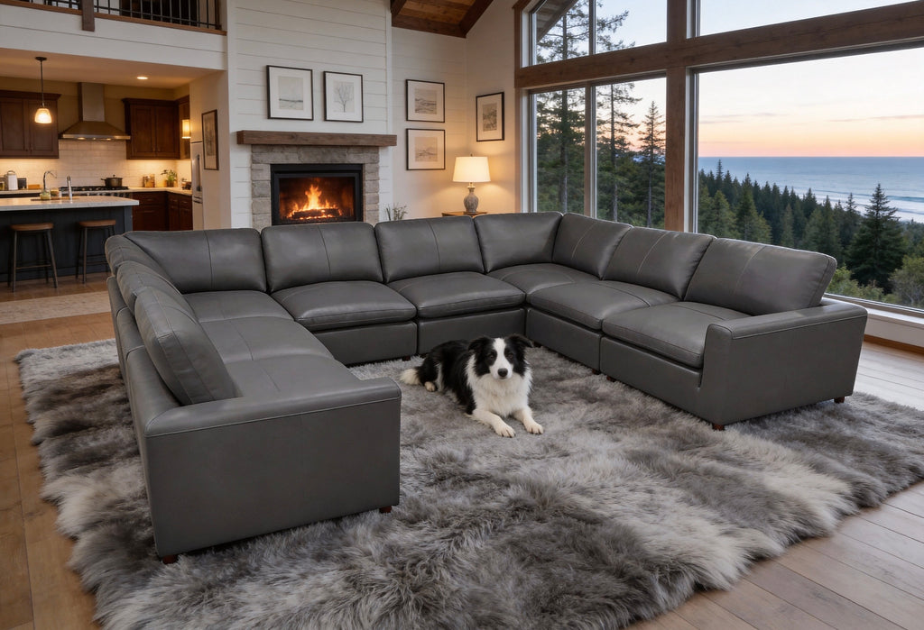Blue Gray Leather Match U-Shaped Sectional with 8-Seat Capacity