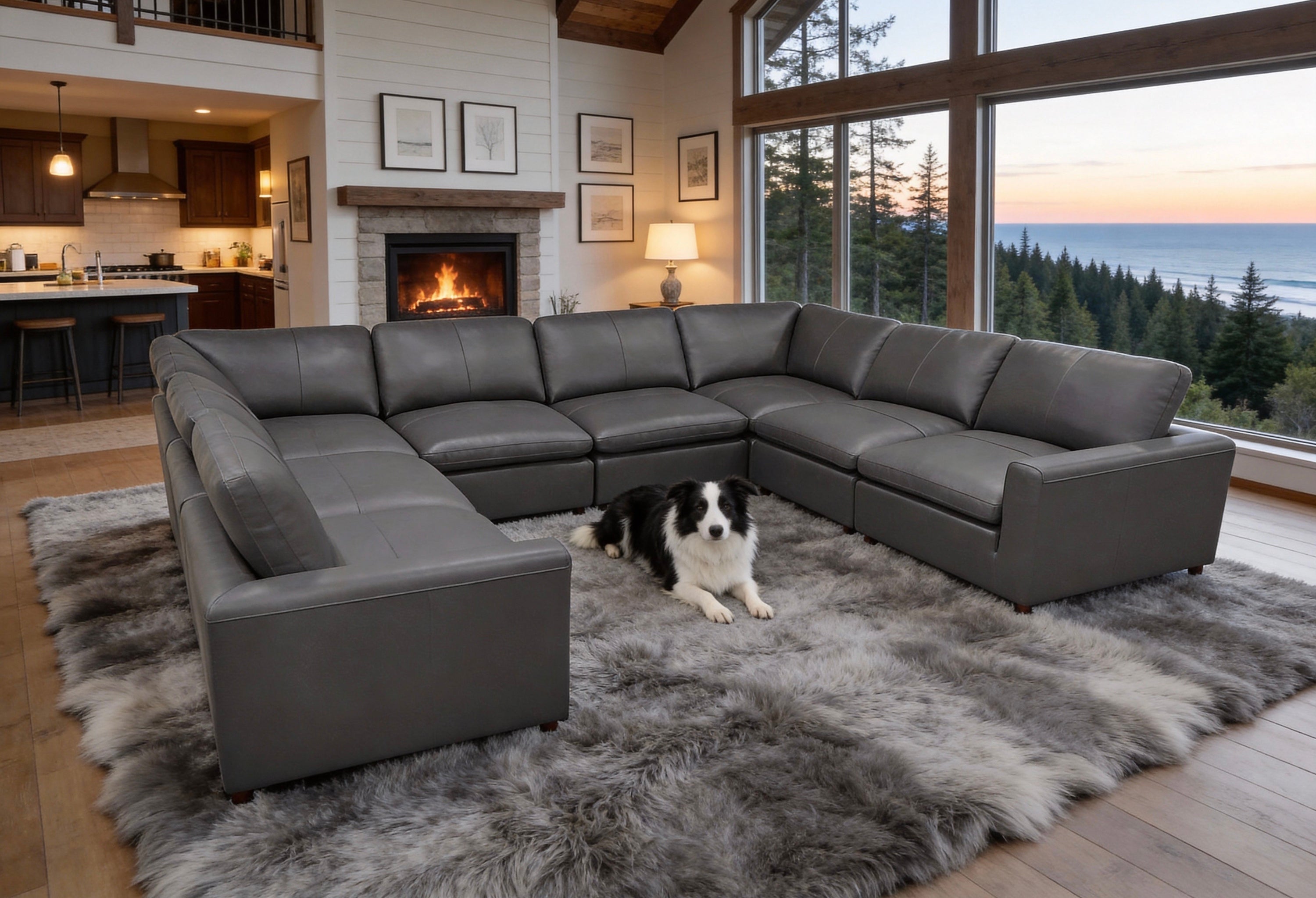 Blue Gray Leather Match U-Shaped Sectional with 8-Seat Capacity