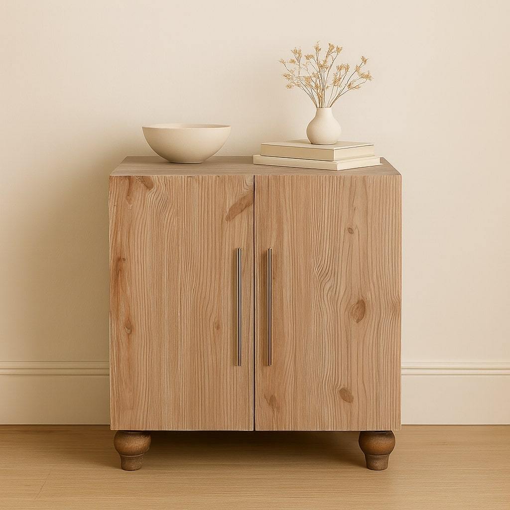 Modern sideboard in solid sandgrain pine and mango wood with two doors, long silver handles, and rounded wooden feet.