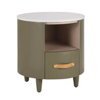 Modern Round Nightstand with Storage Drawer & Shelf.