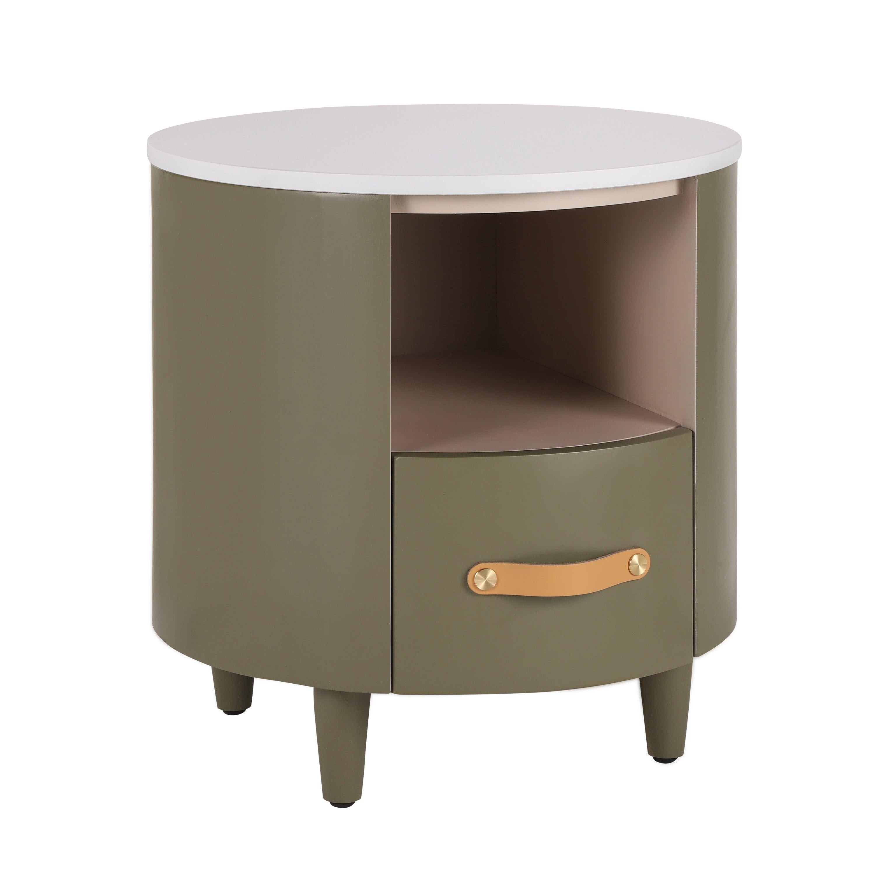 Modern Round Nightstand with Storage Drawer & Shelf.