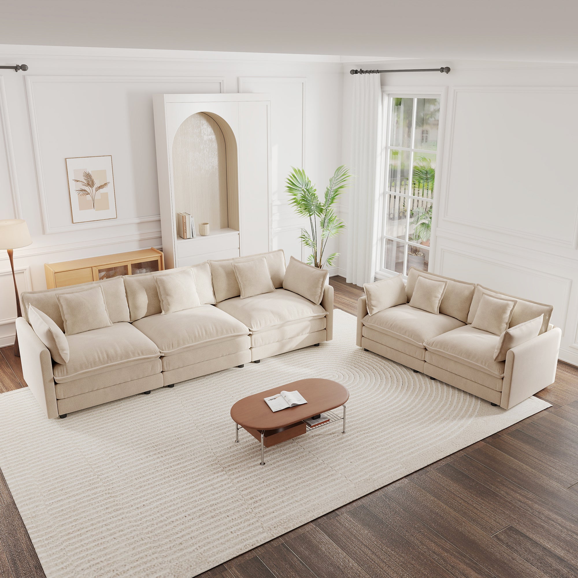 Light Coffee Chenille 5-Seater Sofa Set with Solid Wood Frame