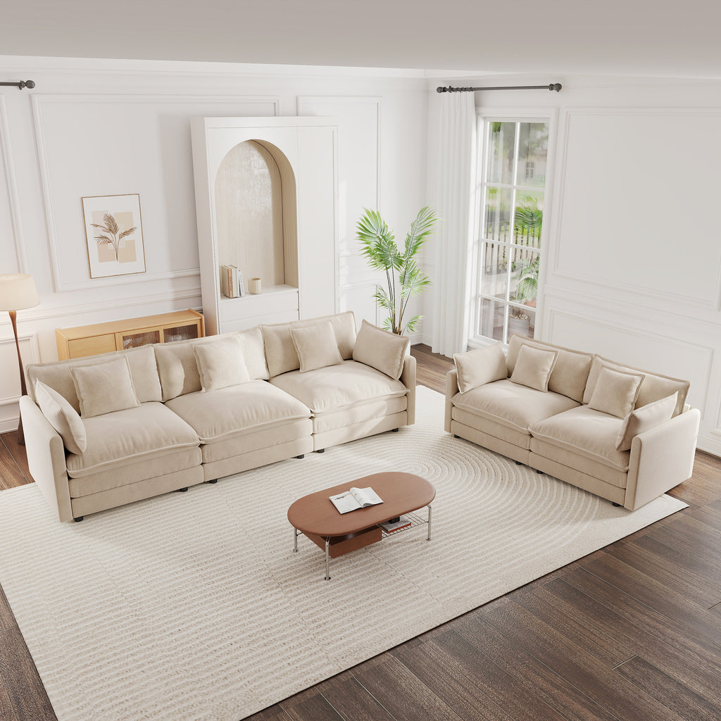 Modern 5-Seater Chenille Sofa Set in Light Coffee