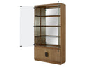 Open eucalyptus display cabinet with one glass door ajar, revealing glass shelves and mirrored back for elegant storage.