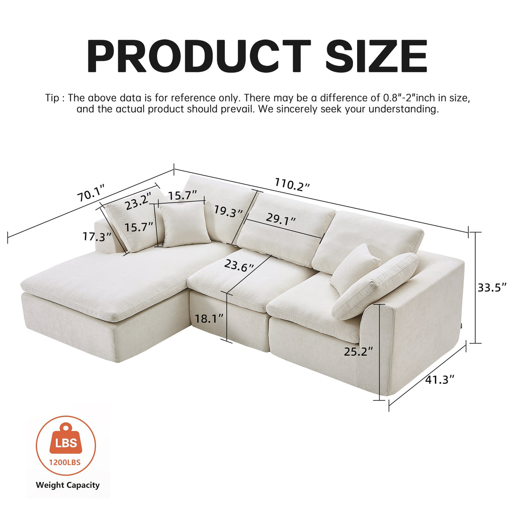 L-Shaped Sectional Sofa - Modern Corduroy Couch with detailed dimensions and 1200 lbs weight capacity, showcasing modular layout and size guide.