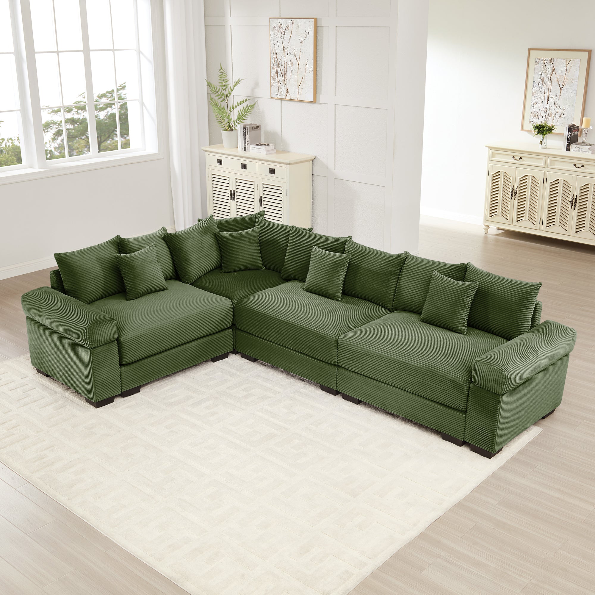 Oversized Green Corduroy 4-Seater Modular Sectional Couch