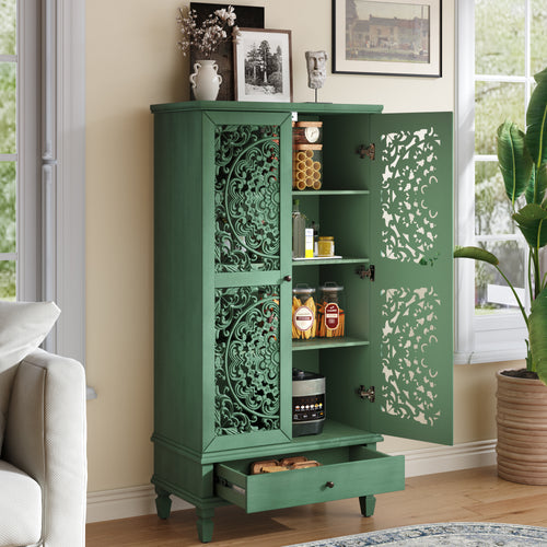 Antique Green Storage Cabinet - 55'' Tall w/ Drawer featuring ornate carved doors, open shelves with pantry items, and a bottom drawer.