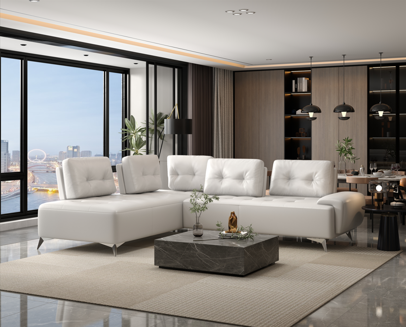 Turano 125-Inch Pearl White Top Grain Leather 4-Seater Sectional Sofa