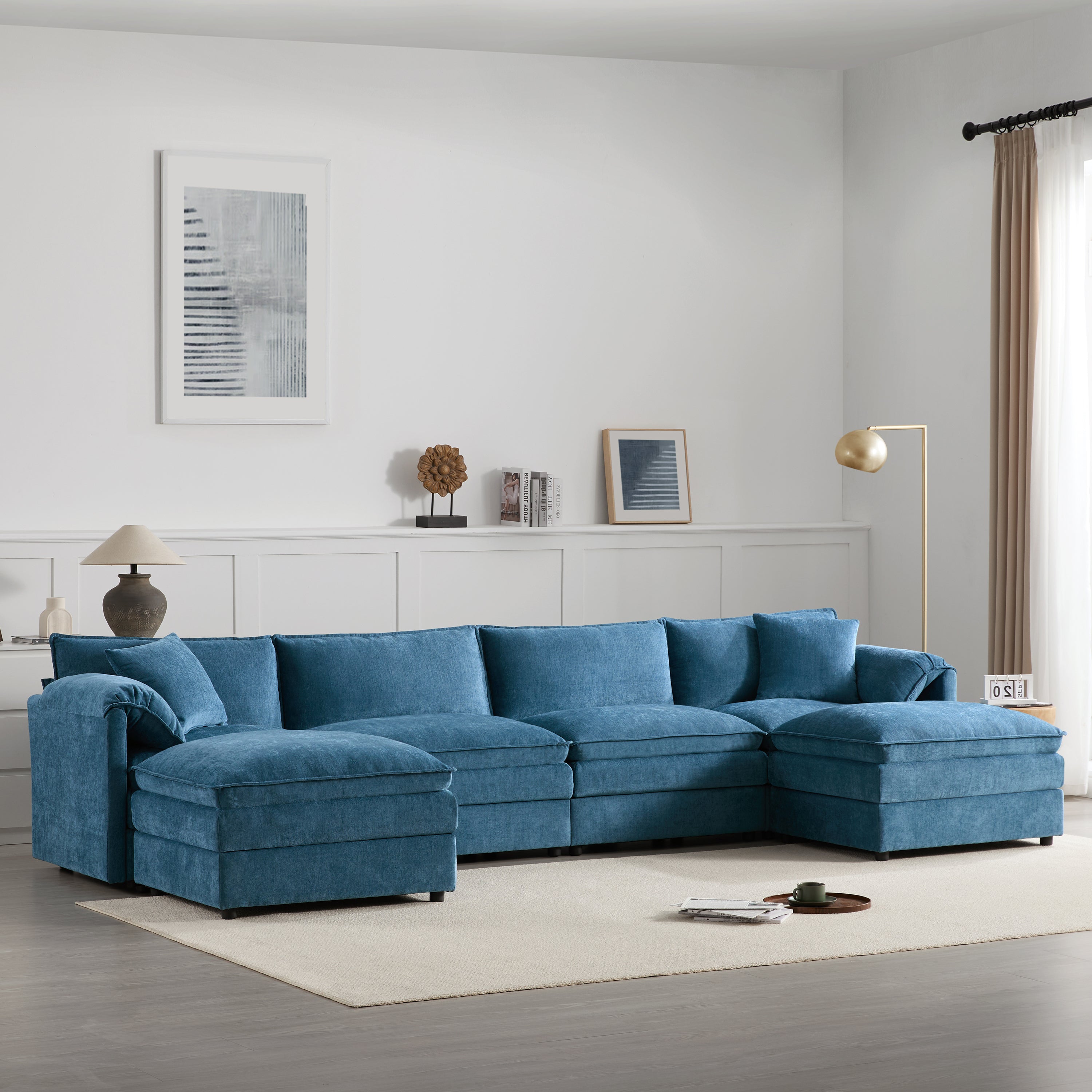 136-Inch Blue Chenille U-Shaped Sectional Sofa with Deep Seating