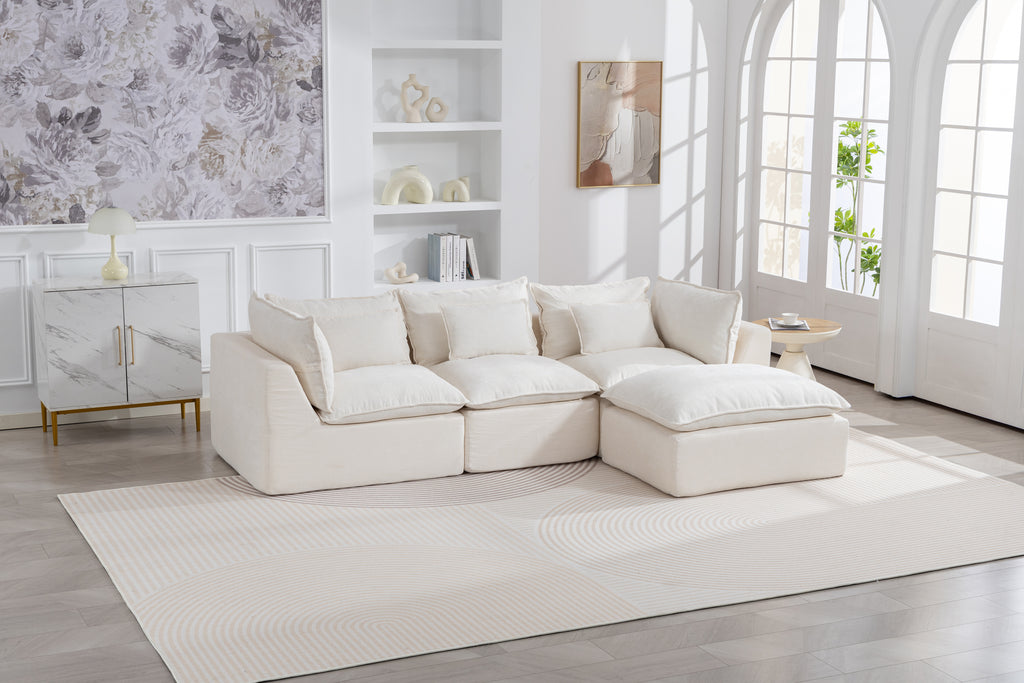 Oversized Antique White Velvet Modular Sectional Sofa with Ottoman